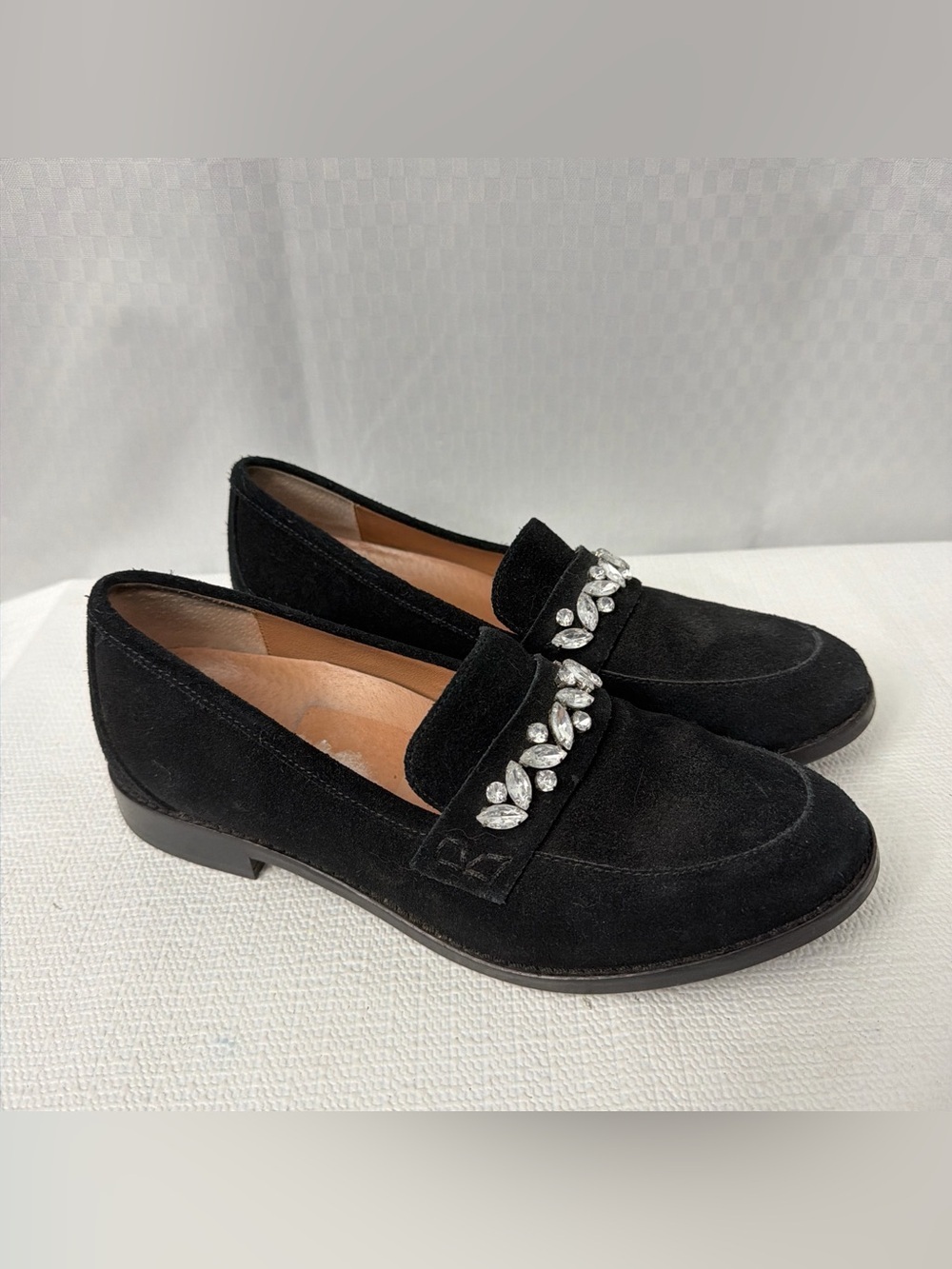 Vionic Avvy Black Suede Rhinestone Loafers